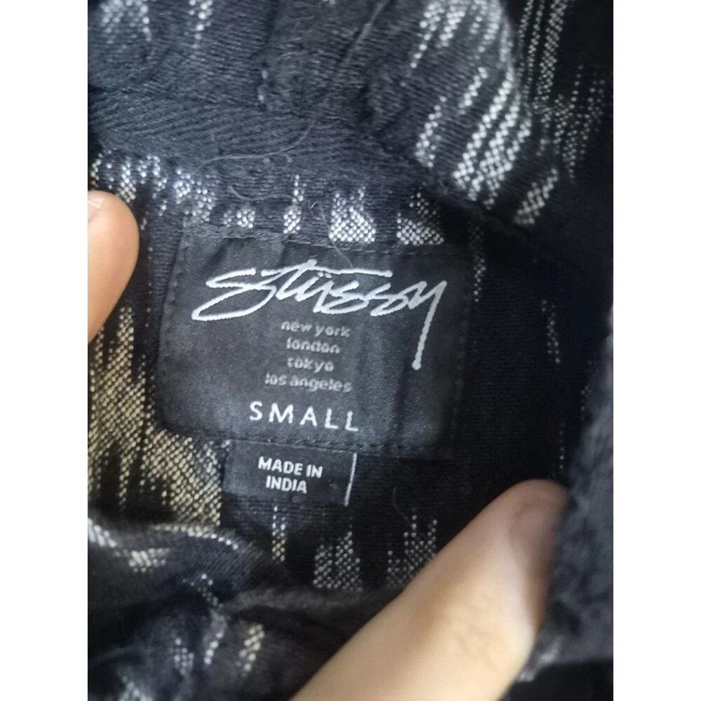Stussy Pullover Mens SzSmall Gray Ikat Print Hoodie Quarter Button Beach Cotton